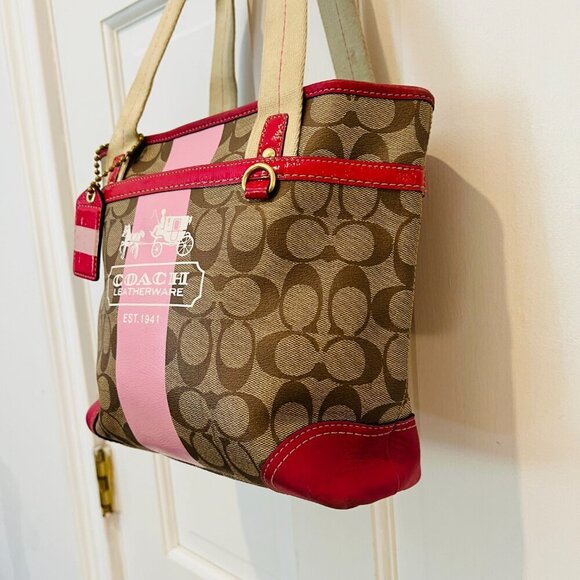 Y2K 2000 Hobo Coach Heritage Signature Stripe Pink/Tan Tote Bag Vintage - Picture 11 of 16